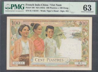 French Indochina 100 Piastres Banknote P - 108 Nd 1954 Pmg 63