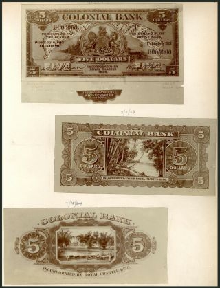 Trinidad & Tobago 1924 $5 Colonial Bank Photo Proofs From The Printers Archives