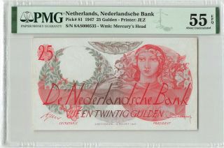 Netherlands 25 Gulden 1947 Flora Pick 81 Pmg About Uncirculated 55 Epq