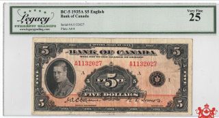 1935 Bank Of Canada 5$ English A1132027 - Legacy Vf25 -