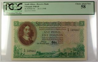 1948 - 49 20.  11.  1948 South Africa 5 Pound Note Scwpm 94 Pcgs Choice About 58
