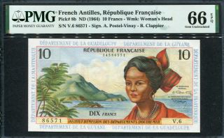 French Antilles 1964,  10 Francs,  P8b,  Pmg 66 Epq Gem Unc