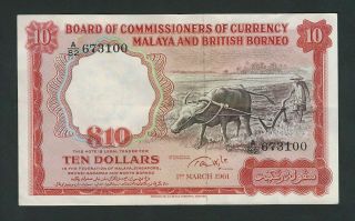 Malaya & British Borneo 10 Dollar 1961 P - 9a Vf,  Xf