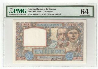 France 20 Francs Banknote 1941 Pick 92b Pmg Choice Unc 64