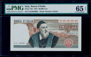 20,  000 Lire 1975 Italy,  Banca D ' Italia Pick 104 PMG 65 EPQ Gem Uncirculated 3