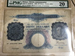 Malaya British Administration Pick 14 /1942 /50 Dollars Number A1 - 07520 Pmg 20 /