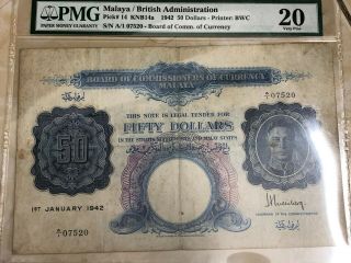 MALAYA BRITISH ADMINISTRATION PICK 14 /1942 /50 DOLLARS NUMBER A1 - 07520 PMG 20 / 2