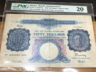 MALAYA BRITISH ADMINISTRATION PICK 14 /1942 /50 DOLLARS NUMBER A1 - 07520 PMG 20 / 5