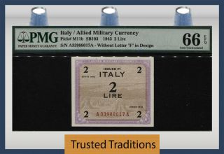 Tt Pk M11b 1943 Italy Allied Military Currency 2 Lire Pmg 66 Epq Finest Known