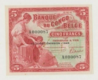 Belgian Congo P 13 Elephant 5 Francs 1942 Low Number Woman With Child Vf/xf