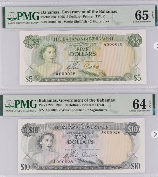 Pmg 65/64 Epq Bahamas 5,  10 Dollars 1965 (p - 20a P - 22a) Matching Low S/n A000028
