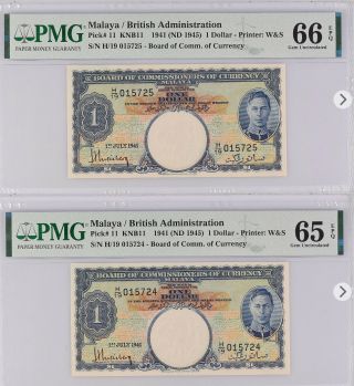 Pmg Gem 66/65 Epq Malaya Consecutive 1 Dollar 1941 (nd 1945) P - 11