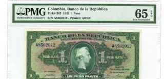 1932 Colombia Pmg 65epq 1 Peso Banknote