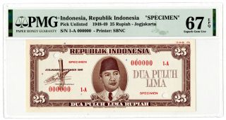 Republik Indonesia Unlisted 1948,  25 Rupiah Essay Specimen Unc 67 Epq