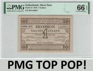 Netherlands 1 Gulden 1918 Silver Note Pick 13 Pmg Gem Unc 66 Epq Top Pop