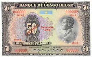 Belgian Congo 50 Francs 1948 P 16fs Series G Specimen Uncirculated Banknote