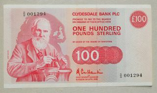 Clydesdale Bank Of Scotland 100 Pounds 1985 Xf,  Rare Note Low Serial Numbers