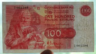 Clydesdale Bank of Scotland 100 pounds 1985 XF,  Rare Note Low Serial Numbers 3