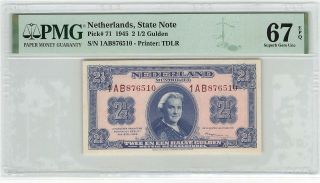 Netherlands 2½ Gulden 1945 State Note Pick 71 Pmg Gem Uncirculated 67 Epq