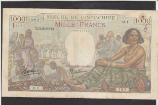 1000 Francs Fine Banknote From French Somalia/djibouti 1938 Pick - 10 Very Rare