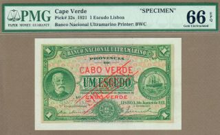 Cape Verde: 1 Escudo Banknote,  (unc Pmg66),  P - 32s,  01.  01.  1921,
