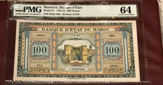 Morocco Bank Du Maroc One Bank Note Of 100 Franc 1944 Pick 27 Pmg 64 Unc