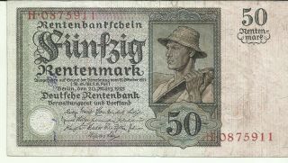 Germany 50 Rentenmark 1925 P 171.  F - Vf.  Very Rare.  Ml 28jul