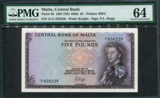 Malta 1967 (1968),  5 Pounds,  P30,  Pmg 64 Unc