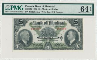 Canada Bank Of Montreal 5 Dollars 1935 5056002 488309 - Pmg 64 Choice Unc Epq