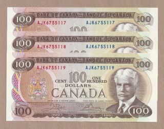3 X Sequential 1975 $100 Bank Of Canada Crow Bouey Ch - Unc