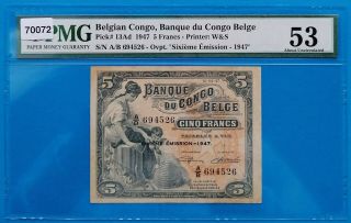Belgian Congo ; 5 Francs 1947,  P - 13ad,  Pmg Aunc 53