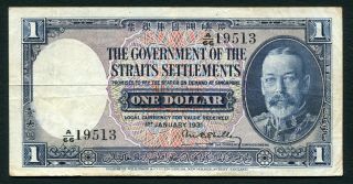Straits Settlements 1 Dollar 1931.  01.  01.  King George V & Tiger P16a Vf -
