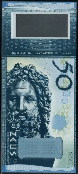Polymer Test Note Ccl / Securency,  50 Zeus,  Guardian Substrate Specimen