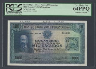 Mozambique 1000 Escudos 27 - 3 - 1947 P99s Signature Jose Gabriel Pinto Specimen