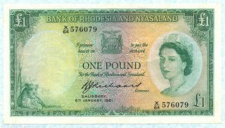 Rhodesia And Nyasaland 1 Pound 1961 P21b Vf,