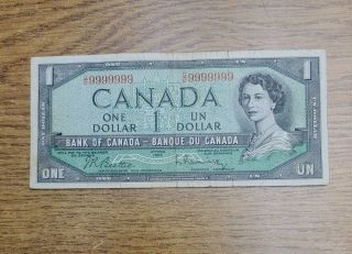 Canada 1954 One Dollar One Digit Solid Number Radar Note 9999999