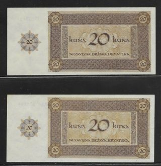 CROATIA 20 Kuna 1944 - 2 notes,  both variatons UNC 2