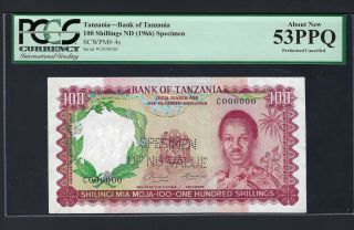 Tanzania 100 Shilling Nd (1966) P4s Specimen Perforated About Uncirculated
