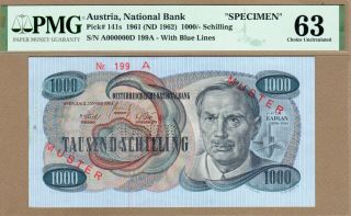 Austria: 1000 Schilling Banknote,  (unc Pmg63),  P - 141s,  1961,