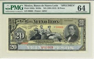 Mexico 20 Pesos Banco De Nuevo Leon 1894 Banknote - Specimen Pmg 64 Choice Cu