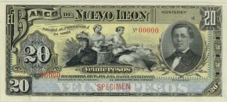 Mexico 20 Pesos Banco De Nuevo Leon 1894 Banknote - Specimen PMG 64 CHOICE CU 2