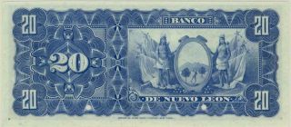 Mexico 20 Pesos Banco De Nuevo Leon 1894 Banknote - Specimen PMG 64 CHOICE CU 3
