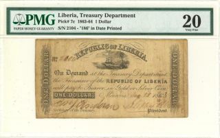 Liberia $1 Dollar Currency Banknote 1863 Pmg 20 Very Fine