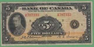 1935 Bank Of Canada $5 Dollars Note - A707333 - F/vf