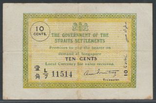 Straits Settlements 10 Cents 1917 - 1920,  Vf,  Pick 6c