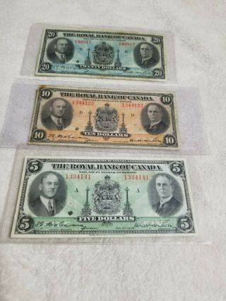 1935 Royal Bank Of Canada $20,  $10,  $5 Banknote Set - -