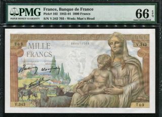 France 1942 - 1944,  1000 Francs,  P102,  Pmg 66 Epq Gem Unc