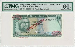 Bangladesh Bank Bangladesh 10 Taka Nd (1972) Specimen Pmg 64epq