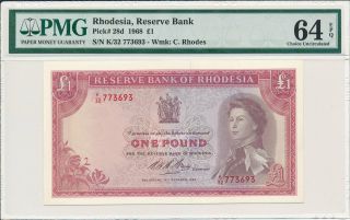 Reserve Bank Rhodesia 1 Pound 1968 S/no 773xx3 Pmg 64epq