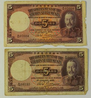 2 - 1935 Government Of The Straits Settlements Five Dollar Notes $5